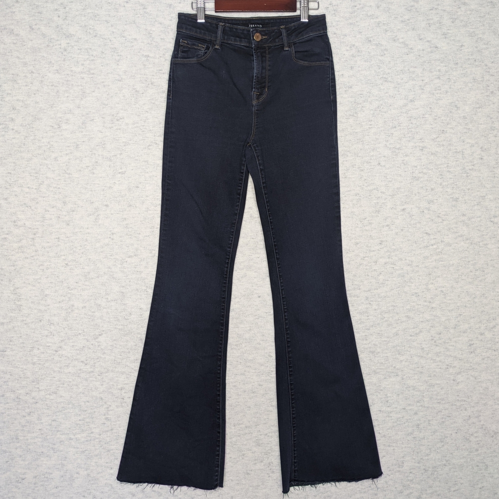 J Brand The Doll High Rise Bell Bottom  Flare Indigo Jean Sz26 Dark Wash Raw Hem